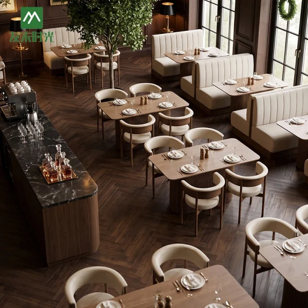 Upholstered Restaurant Booths, Chairs and Wooden Table – Direct Factory Supply