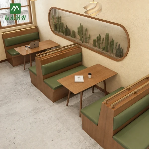 Wholesale Restaurant & Café Table and Chair Set: Walnut-Finish Frame with PU Leather Booth Seating – Customizable Size, Color, and Logo