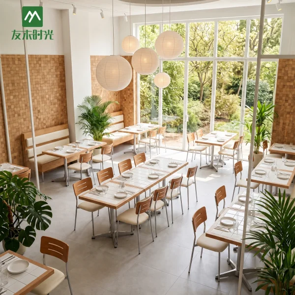 Factory Supply Modern Wood Restaurant Table and Upholstered Chair Set