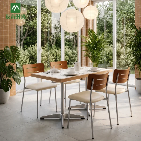 Factory Supply Modern Wood Restaurant Table and Upholstered Chair Set