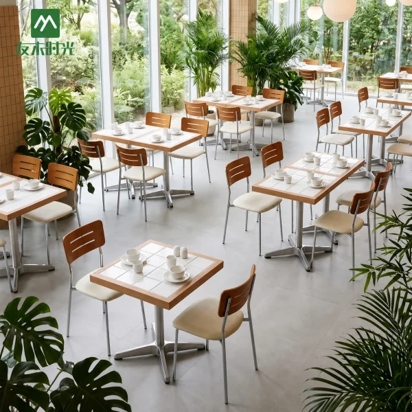 Factory Supply Modern Wood Restaurant Table and Upholstered Chair Set