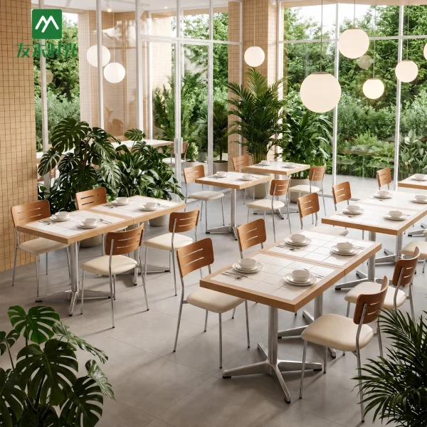 Factory Supply Modern Wood Restaurant Table and Upholstered Chair Set